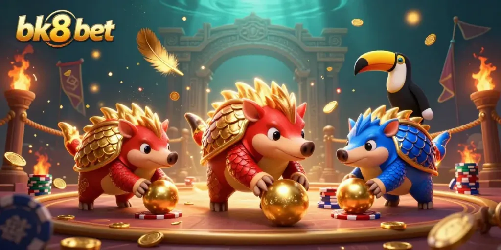 Experience dynamic gaming action at bk8 bet with lively pangolins rolling through poker chips and golden scales.