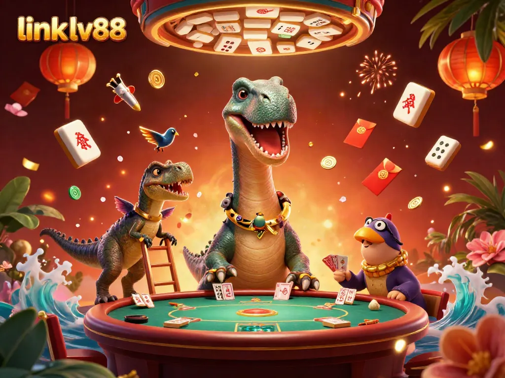 Engage with thrilling games at link lv88 as a colossal brontosaurus watches over an exciting casino scene.