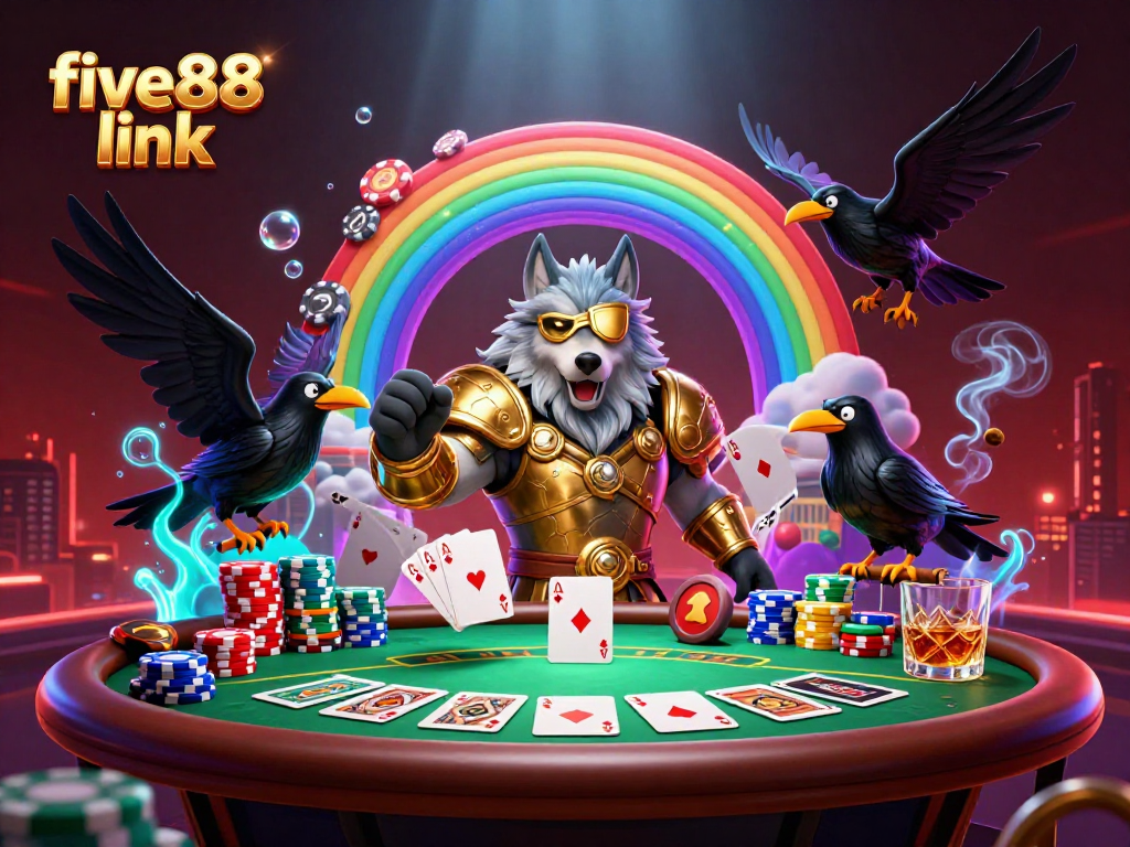 Engage with five88 link in this vibrant 3D casino scene featuring a Norse-inspired character amidst poker excitement.