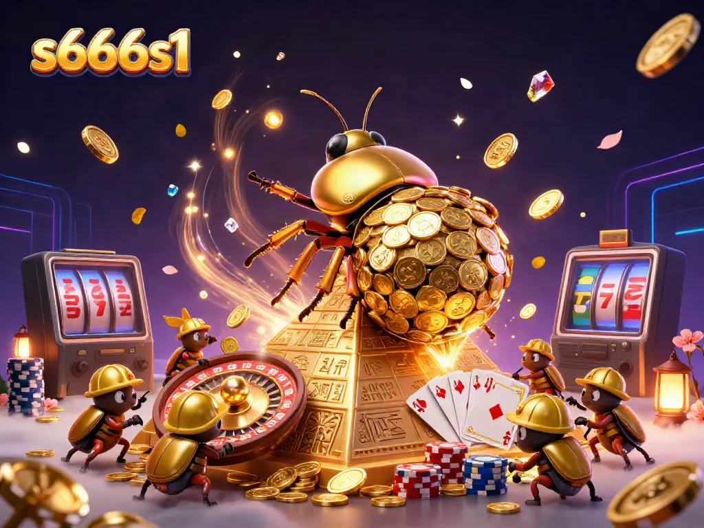 Experience thrilling gameplay with s666s1 as a golden dung beetle rolls coins in a dynamic casino scene.
