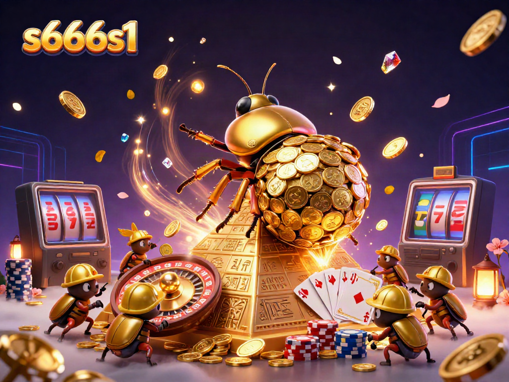 Experience thrilling gameplay with s666s1 as a golden dung beetle rolls coins in a dynamic casino scene.