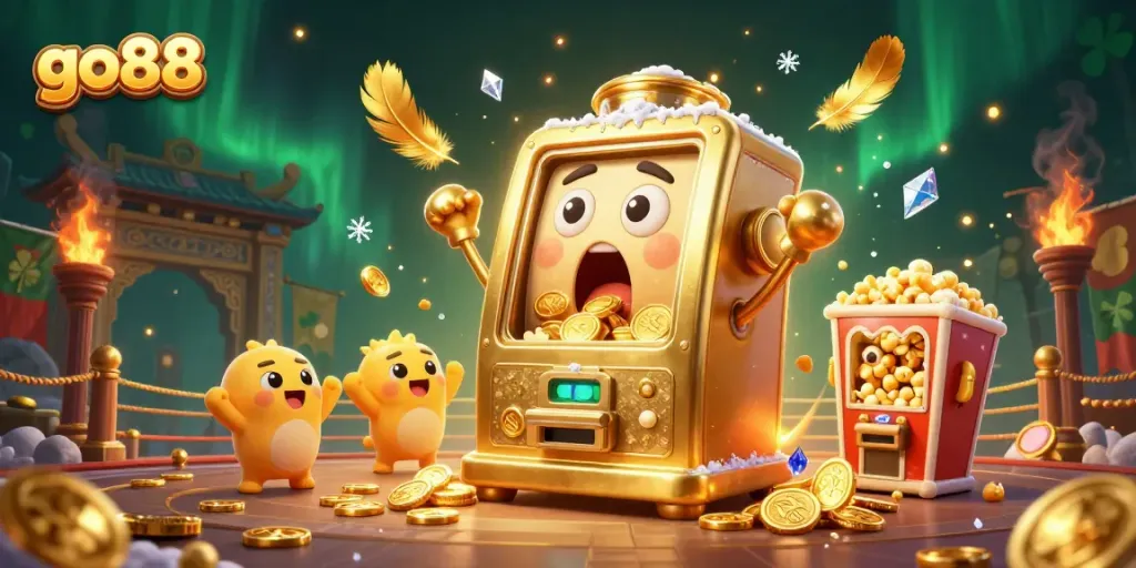 Experience the excitement of go88 as a golden slot machine hits the jackpot while cheering baby machines surround it.