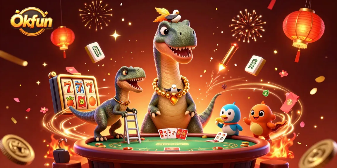 Experience exciting gameplay with Okfun at a vibrant casino filled with animated characters.