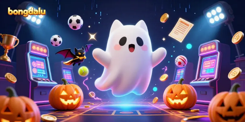 Bongdalu showcases a vibrant 3D scene of a ghost cat in a haunted casino surrounded by sports elements and glowing effects.