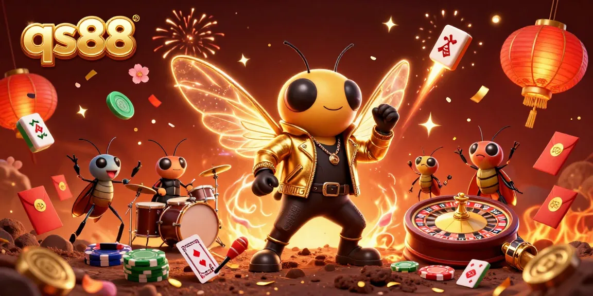 Engage with qs88 through a vibrant casino celebration featuring a cicada rock star and dynamic game elements.