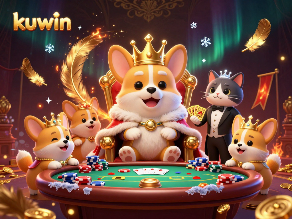 Engage in thrilling poker action with kuwin's corgi king and playful characters amid vibrant casino chaos.