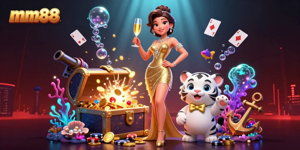 Experience thrilling gameplay with mm88 as a glamorous woman and a lucky white tiger celebrate winnings at a lively casino.