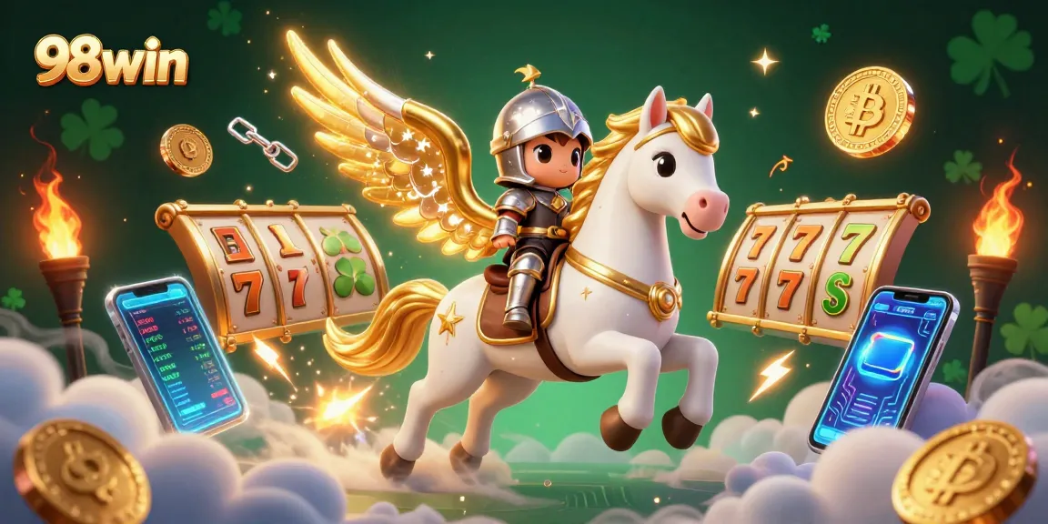 Experience thrilling gameplay with 98win, featuring a celestial knight amidst vibrant slot game elements.