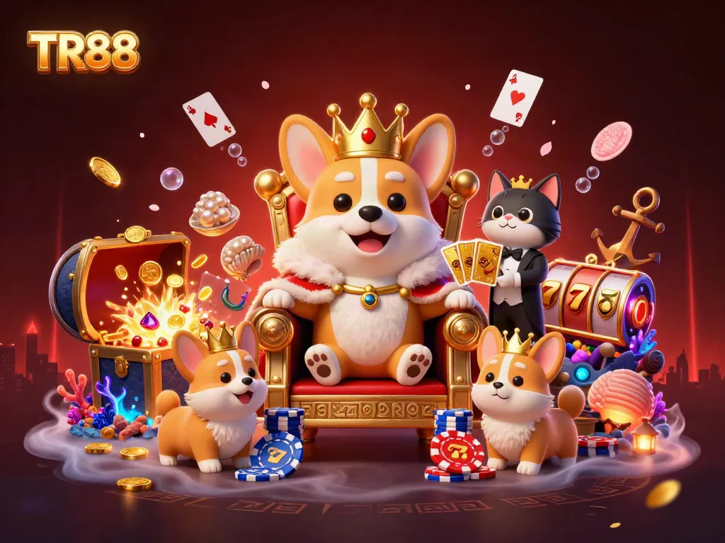 Play and win big with TR88 in a vibrant 3D casino scene featuring royal corgis and whimsical game elements.