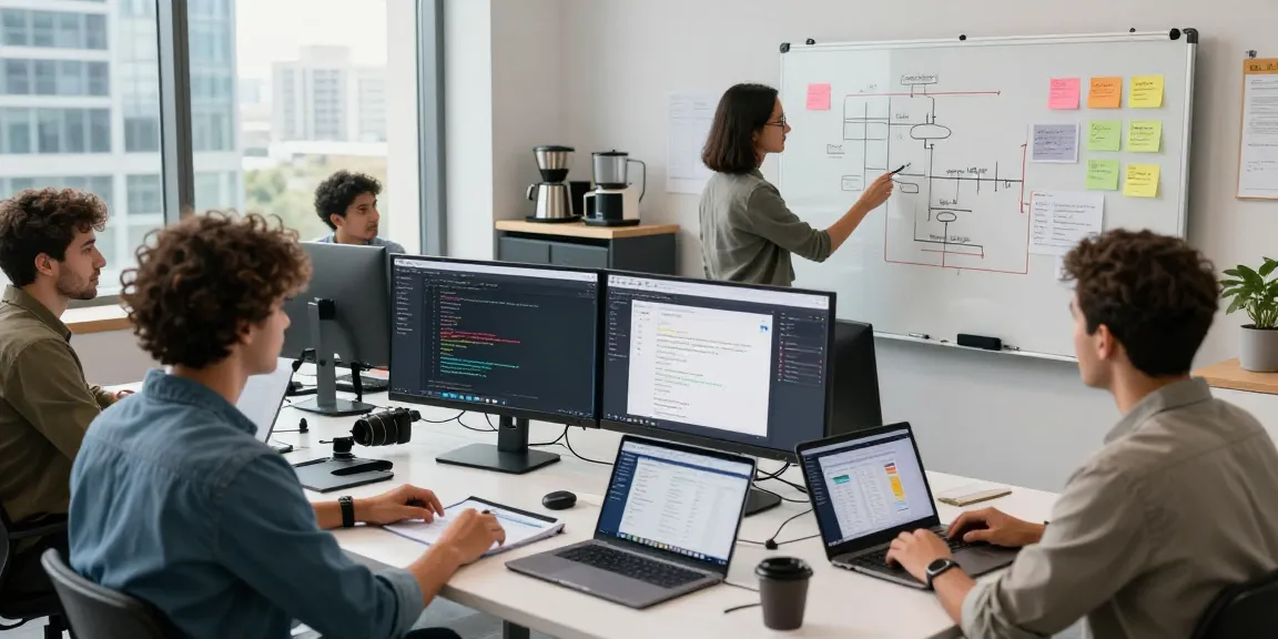 Build internal tools with AI in a collaborative tech workspace featuring diverse professionals engaged in development.