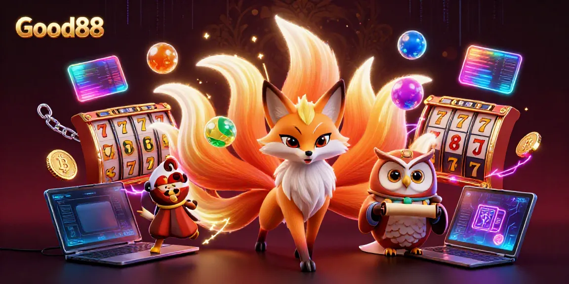 Experience the magic of Good88 with a vibrant casino scene featuring wild characters and glowing games.
