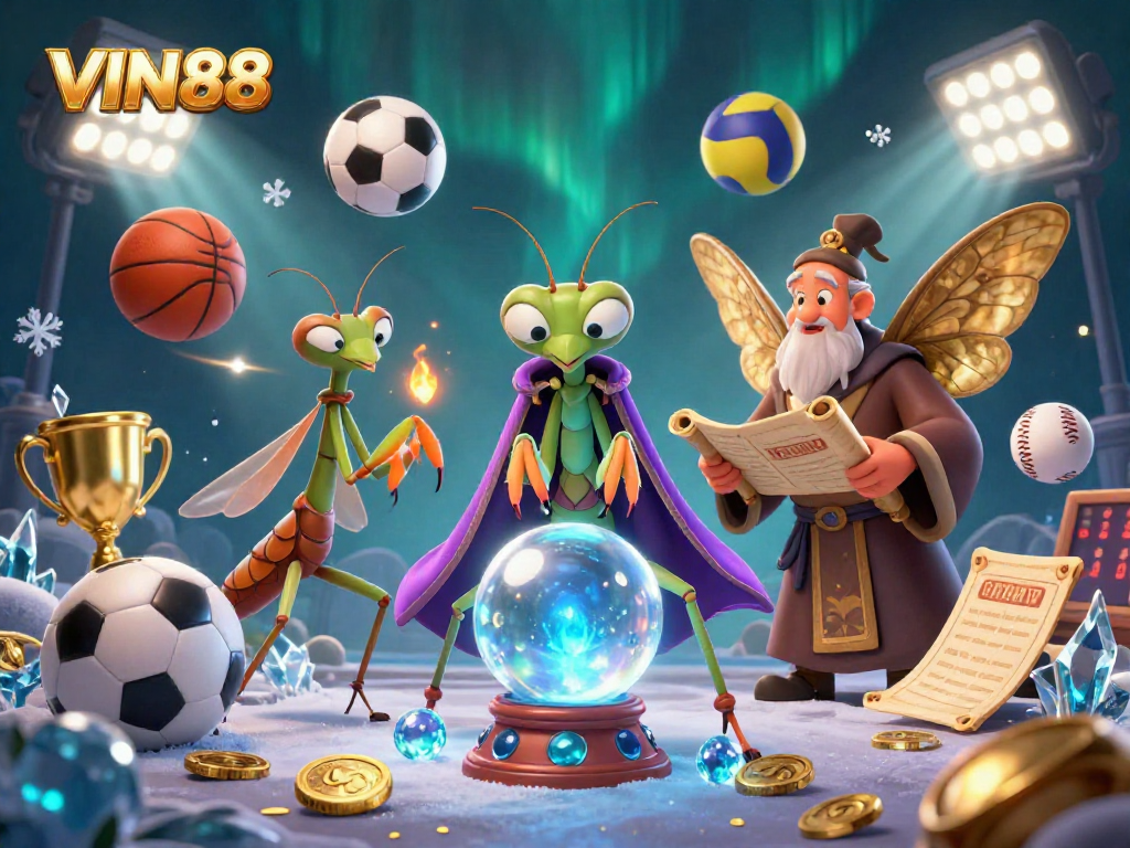 Win big at VIN88 with this engaging illustration featuring fortune tellers and dynamic sports elements.