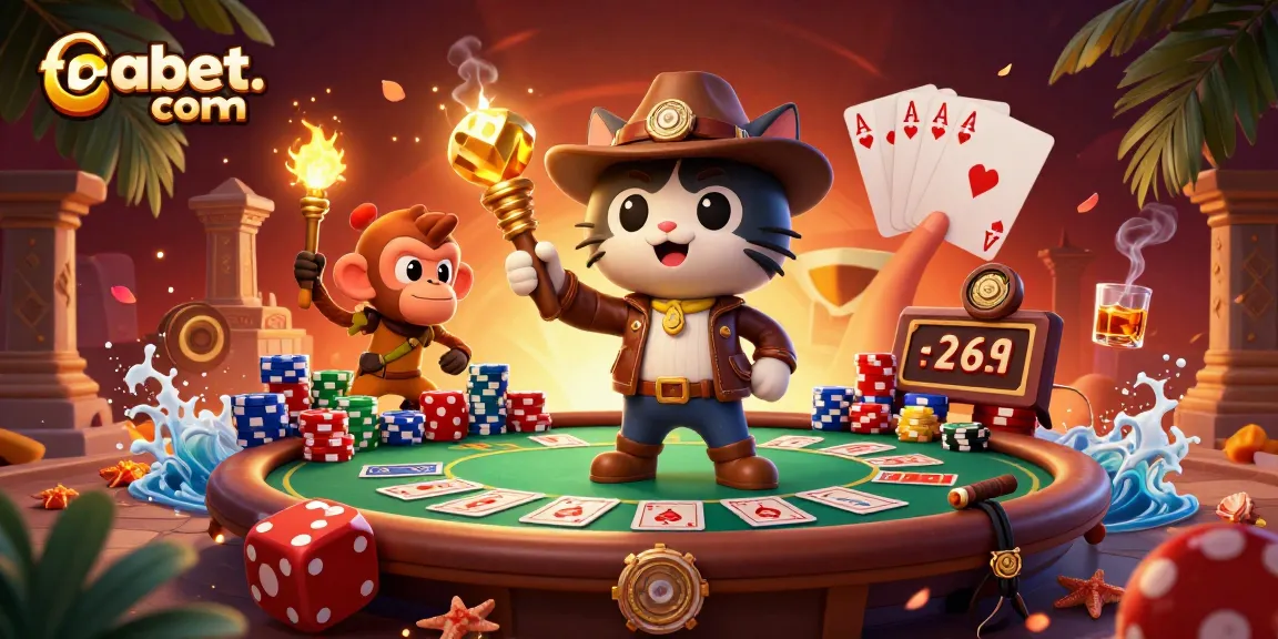 Engage with fabet. com in this vibrant casino scene featuring an explorer cat and monkey, surrounded by rich poker elements.