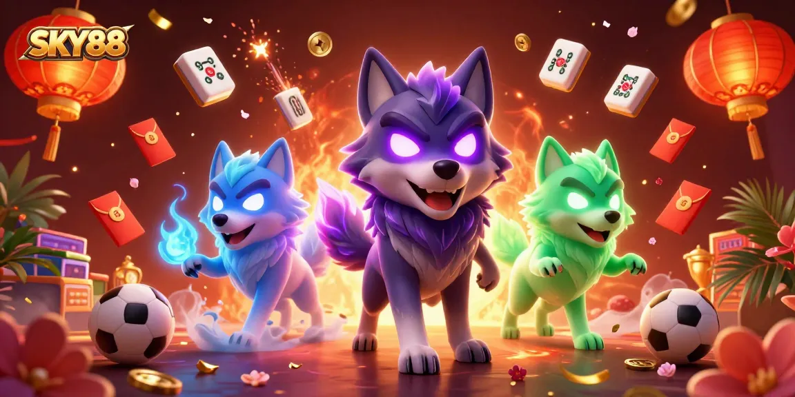 Engage with SKY88 as the shadow wolf leader and companions amidst glowing gaming elements.