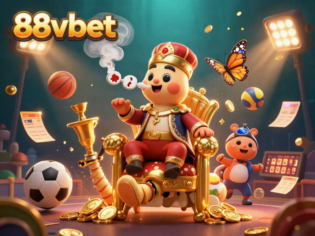 Engage with 88vbet's vibrant 3D world showcasing dynamic sports betting elements and a mystical caterpillar master.