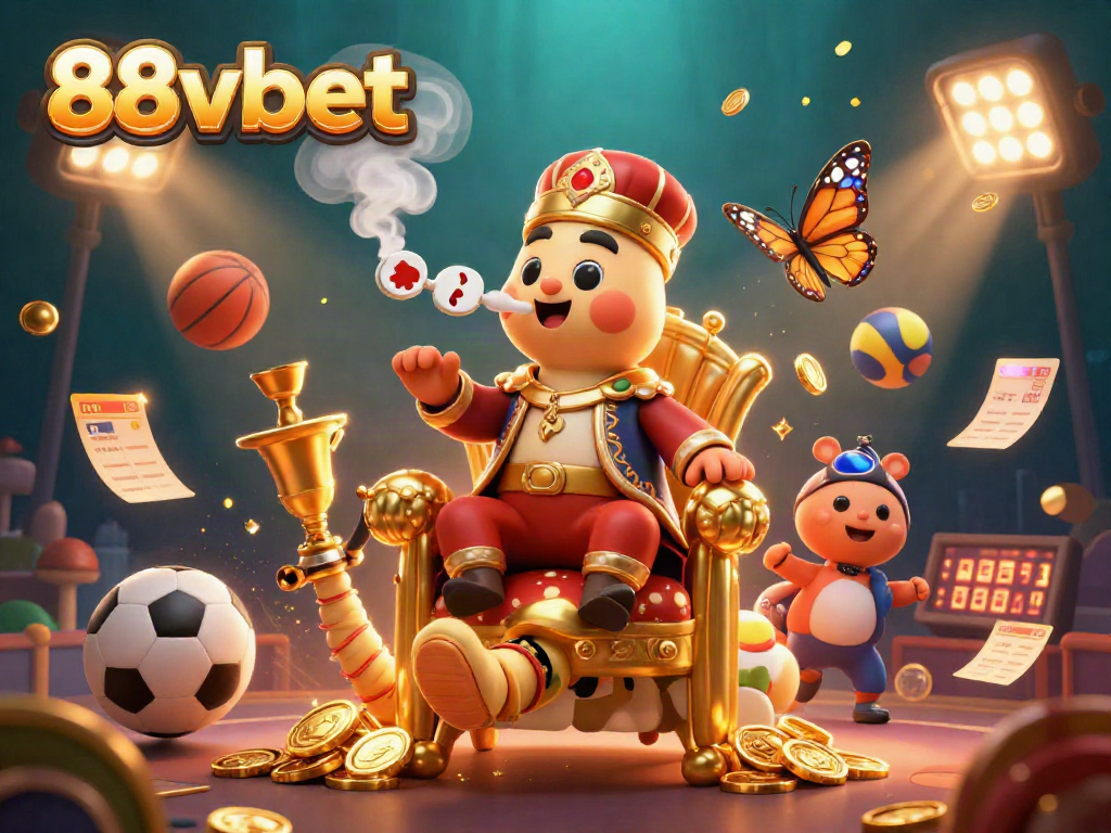Engage with 88vbet's vibrant 3D world showcasing dynamic sports betting elements and a mystical caterpillar master.