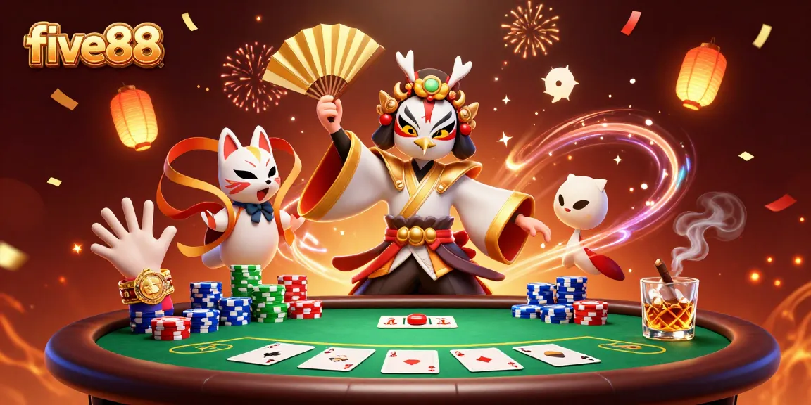 Experience the thrill of five88 with kabuki warriors, poker chips, and magical energy in this vibrant casino scene.