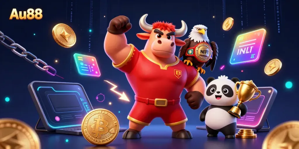 Win big at Au88 with the joyful bull mascot, eagle, and panda in a vibrant casino scene.