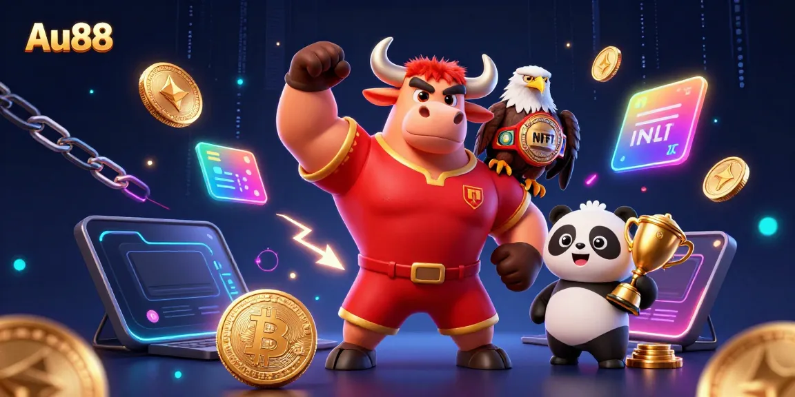 Win big at Au88 with the joyful bull mascot, eagle, and panda in a vibrant casino scene.