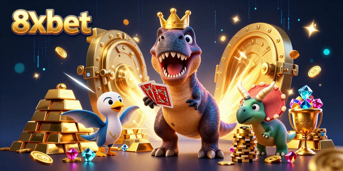 8xbet T-Rex shuffles cards while a pterodactyl assists, in a vibrant casino scene.