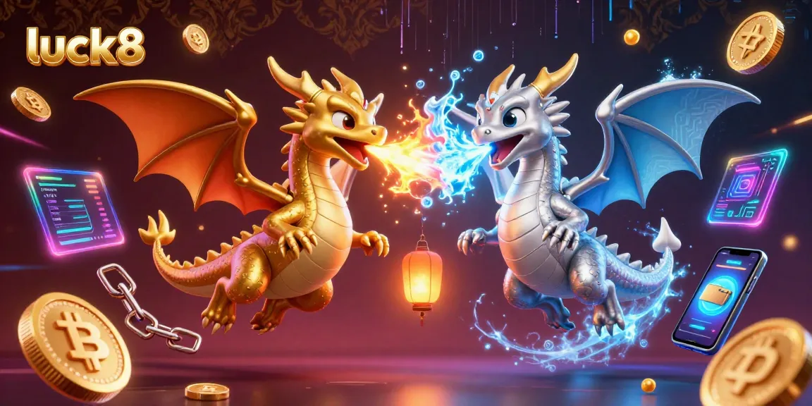 Engage with luck8 as vibrant dragons embodying casino thrills amid crypto coins and blockchains.