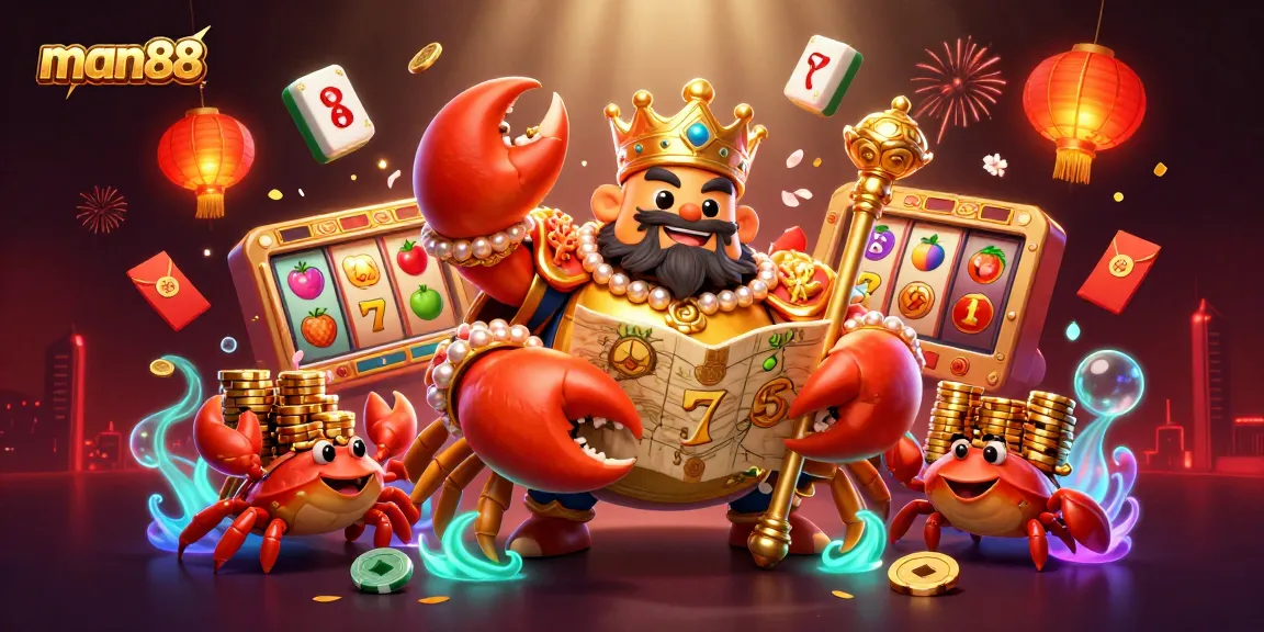 Experience thrilling gaming adventures with man88 as a golden crab emperor presides over vibrant casino elements.