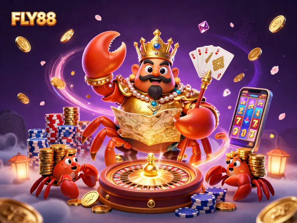 FLY88 invites players to engage with a vibrant casino scene featuring a golden crab emperor and treasure map.