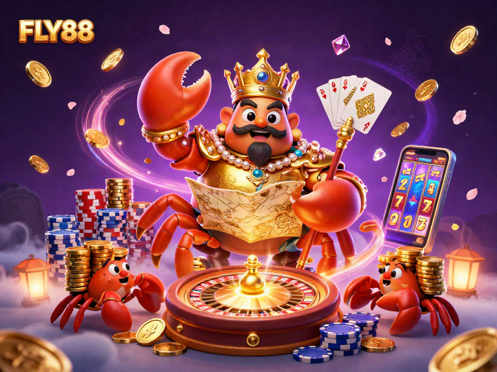 FLY88 invites players to engage with a vibrant casino scene featuring a golden crab emperor and treasure map.