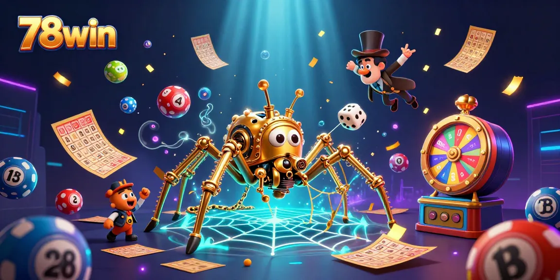 Play exciting games at 78win with colorful lottery balls and a whimsical steampunk spider.
