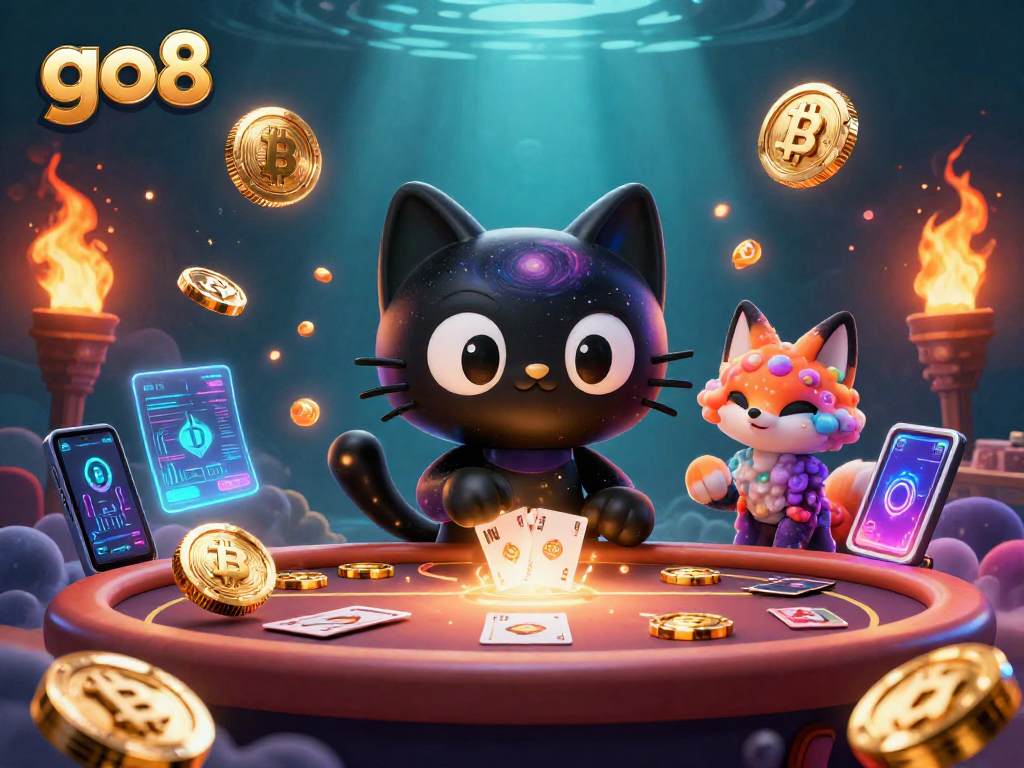 Engage with go8 while winning big at a cosmic casino, surrounded by vibrant gaming elements.