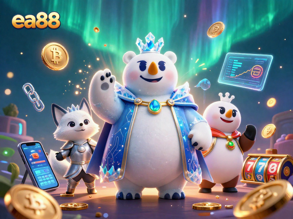 Experience thrilling gaming at ea88 with an enchanted polar bear and fox in a vibrant casino atmosphere.