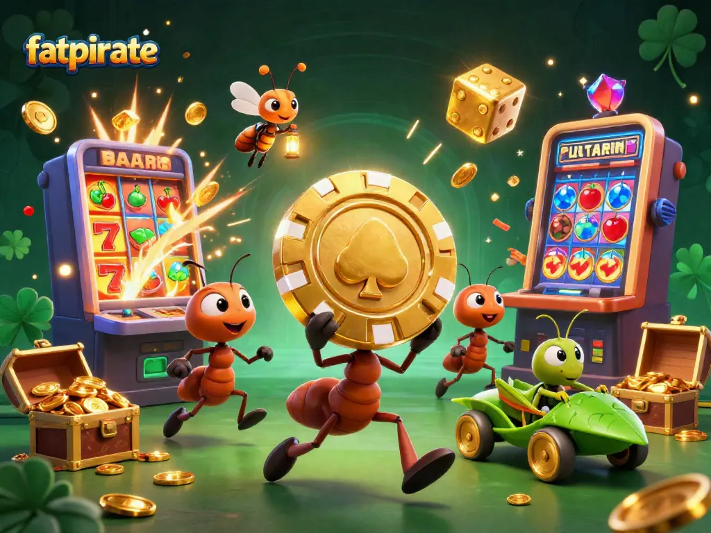 Experience the thrill of fatpirate with lively cartoon ants carrying a giant poker chip in a dynamic casino heist.