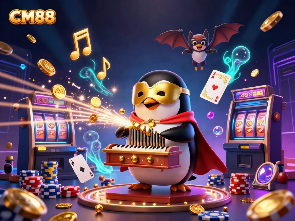CM88 penguin playing organ with golden coins, showcasing casino excitement and winnings.