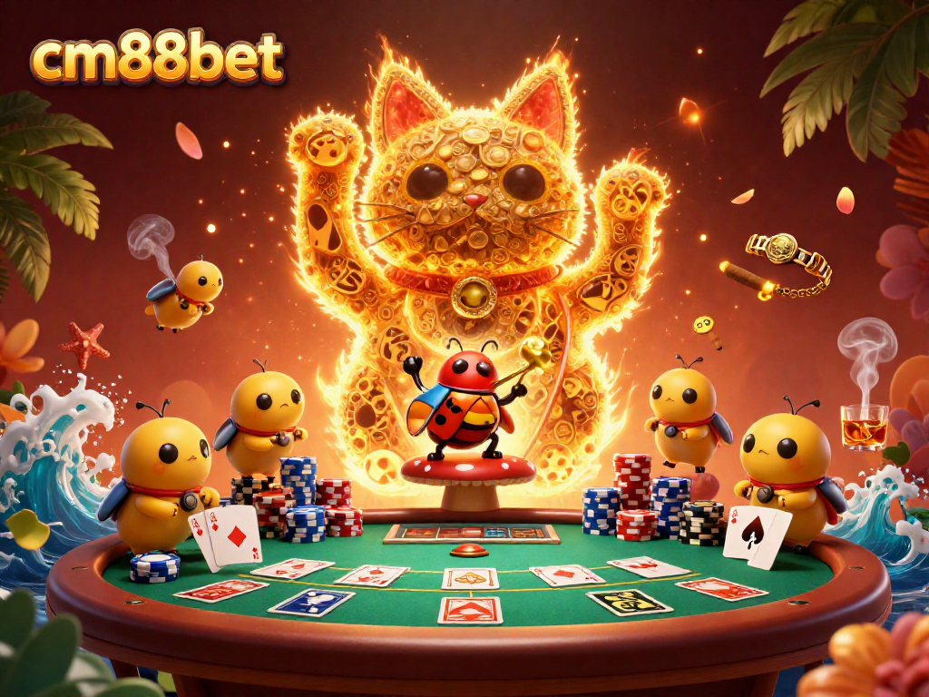 Experience the excitement of cm88bet with a captivating illustration of a lucky cat at a vibrant casino scene.