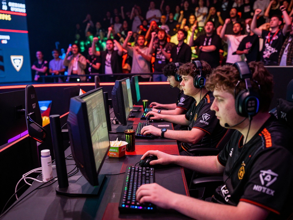 Esports team competing at a live tournament, focusing on strategy and gameplay, showcasing the dynamic atmosphere and excitement surrounding oxbet.com.