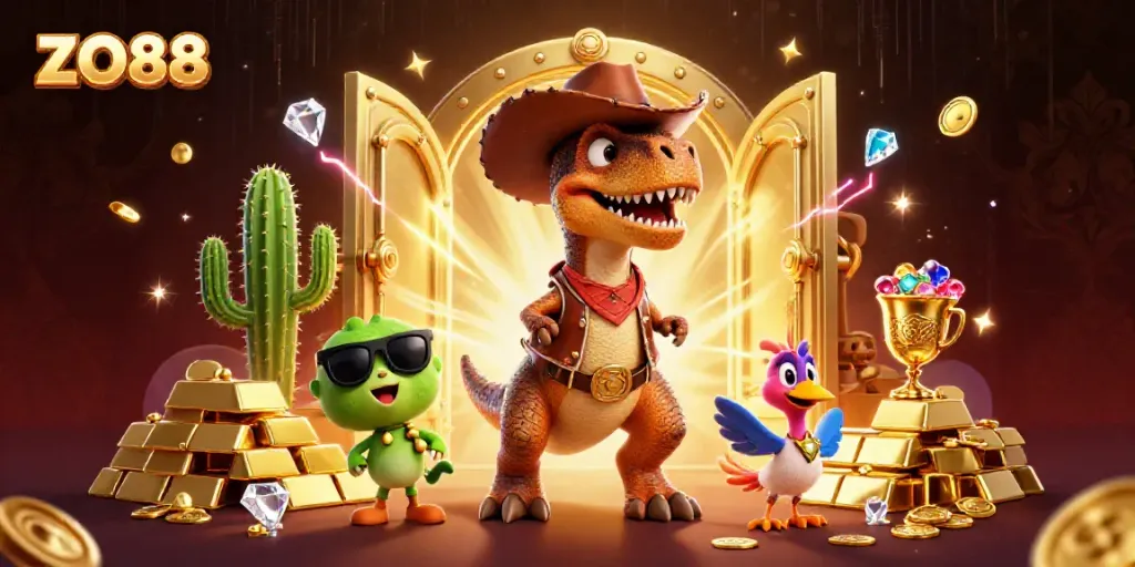Experience the thrill of ZO88 with a cartoon dinosaur amidst treasures in a casino-themed illusion.