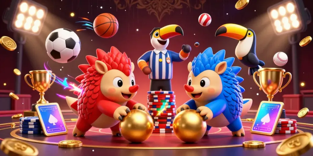 Experience thrilling action at 88vbet with playful pangolins bowling through poker chips in this vibrant casino scene.