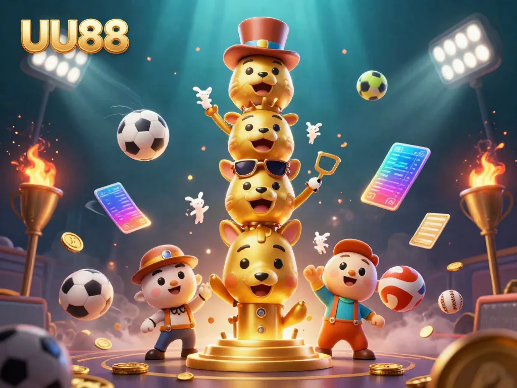 UU88 showcases an engaging sports betting scene with a lively 3D totem and flying sports elements.