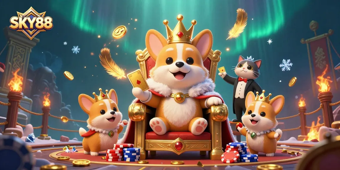 Experience thrilling gaming with SKY88's vibrant 3D illustration featuring a royal corgi, coins, and dynamic elements.