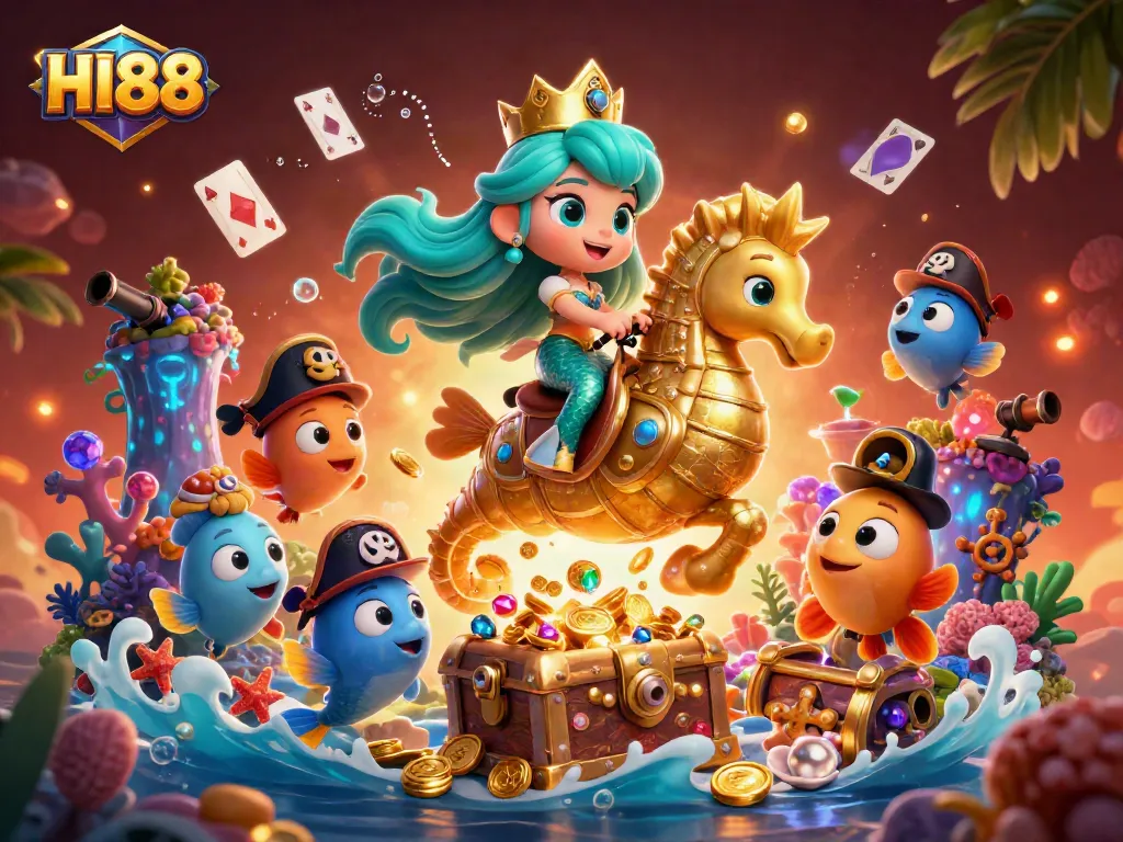 Experience thrilling casino adventures with HI88 as a mermaid princess and giant seahorse unfold in this vibrant illustration.