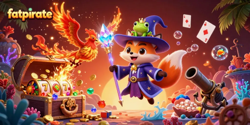 Experience thrilling slots with FatPirate as a wizard fox and phoenix conjure wonders in a vibrant casino world.
