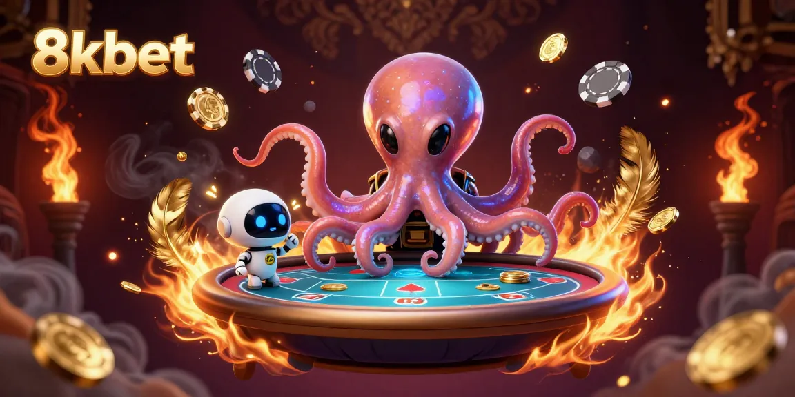 Experience expansive betting with 8xbet's vibrant casino-themed illustration featuring an alien octopus at a poker table.