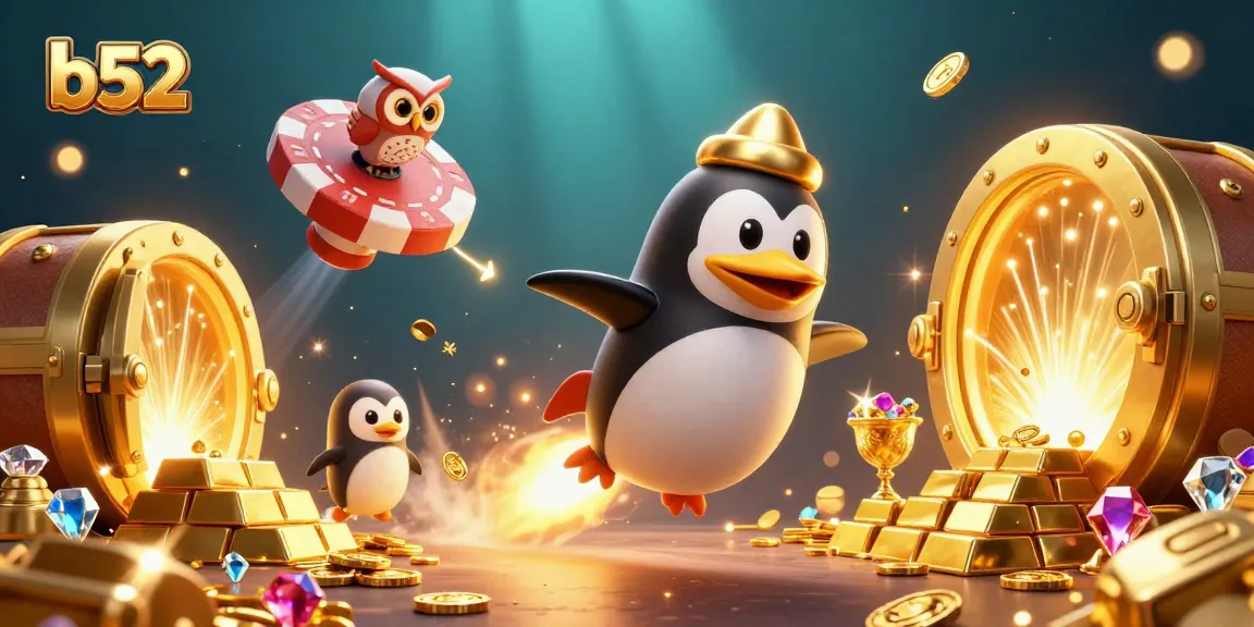 Win big with B52 as a golden penguin soars past treasure in a dynamic casino scene.