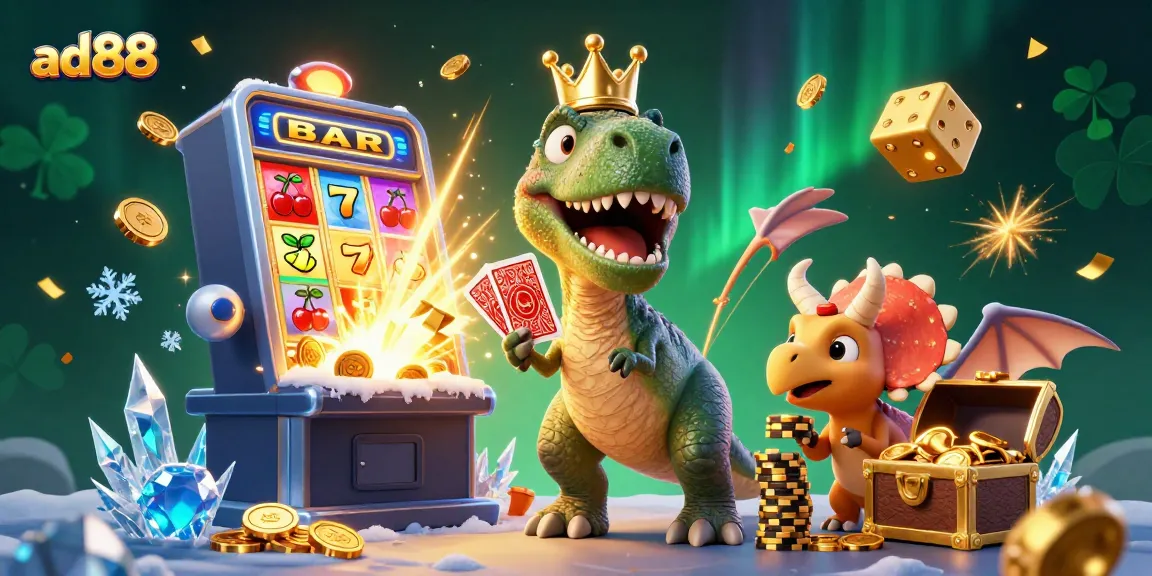 Witness the excitement at ad88 as a cartoon T-Rex shuffles cards and stacks chips, all within a vibrant casino scene.