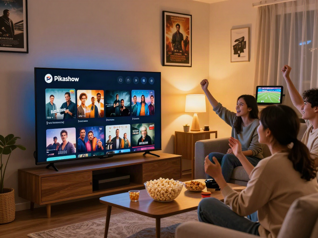 Group enjoying movie night with Pikashow streaming in vibrant living room.
