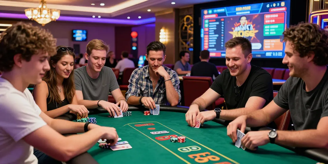 Group of friends enjoying a lively KO66 casino poker game with neon lights and digital displays