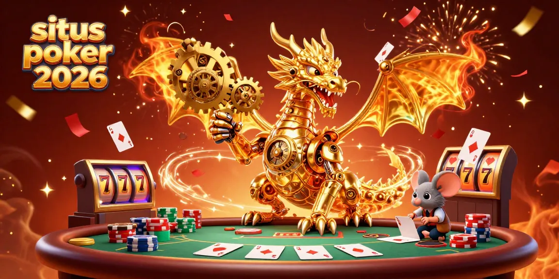 Situs poker 2026 menampilkan ilustrasi 3D dengan karakter naga dan elemen permainan poker yang seru.