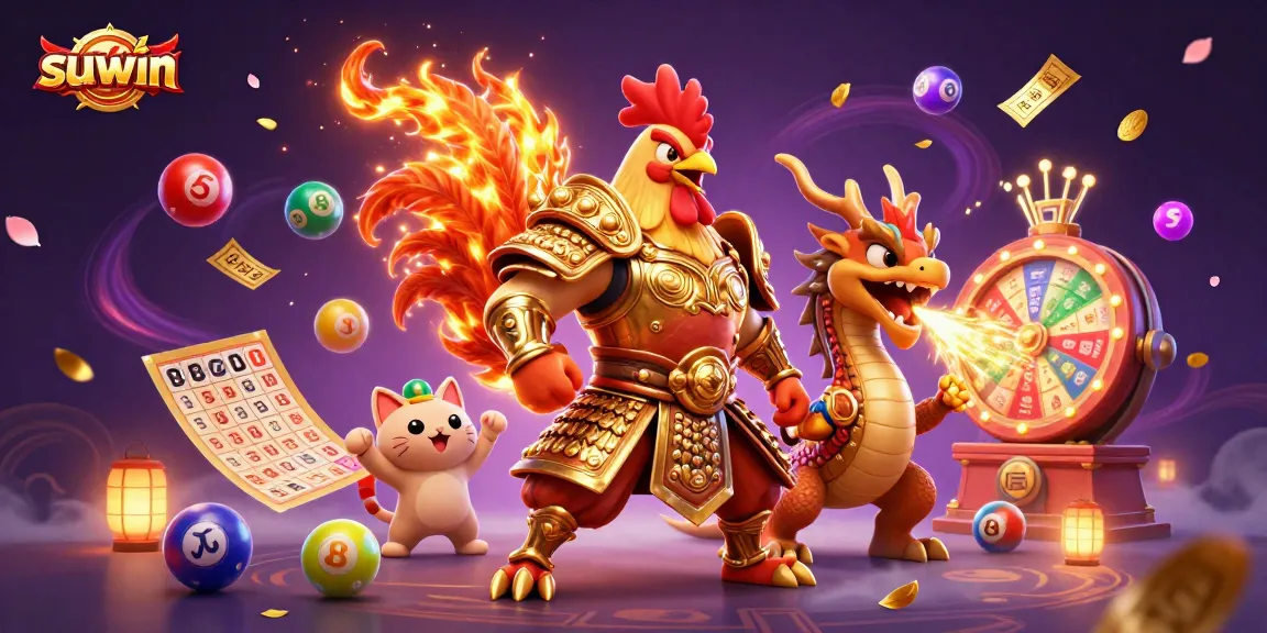 Suwin showcases a vibrant casino celebration with a dynamic fighting rooster and dragon mascot, highlighting excitement and energy.