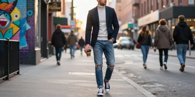 Stijlvolle man in herenkleding met blazer en sneakers op een stadsstraat