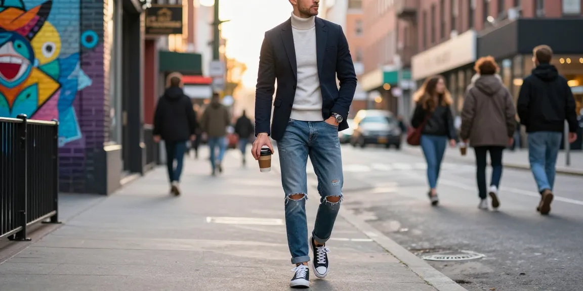 Stijlvolle man in herenkleding met blazer en sneakers op een stadsstraat